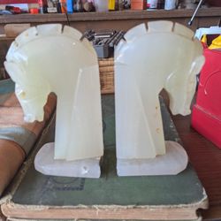 Vintage Art Deco Hand Carved Onyx Marble Horse Head Bookends