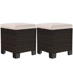 Outsunny 2 Piece Wicker Outdoor Ottomans with Cushions, Cream