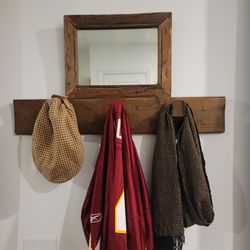 Vintage Wood Coat Hat Rack With Mirror  Furniture 