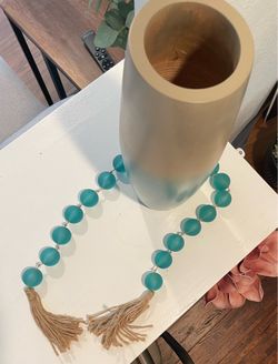 Wood vase and sea glass bead garland