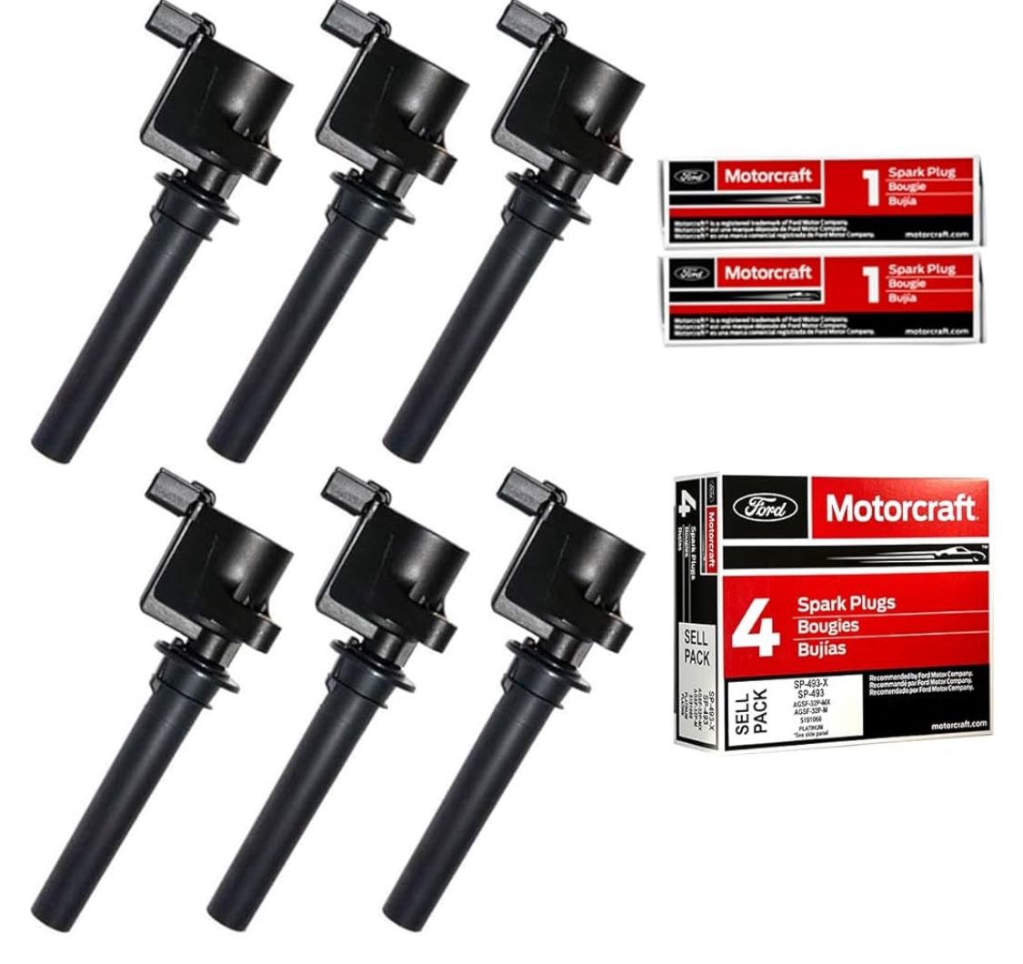 MAS Set of 6 Ignition Coil DG500 & 6 Motorcraft Platinum Spark Plugs AGSF32PM SP493 Compatible with Ford Mzda Tribute Mercury 3.0 V6 DG513 C1458 FD502