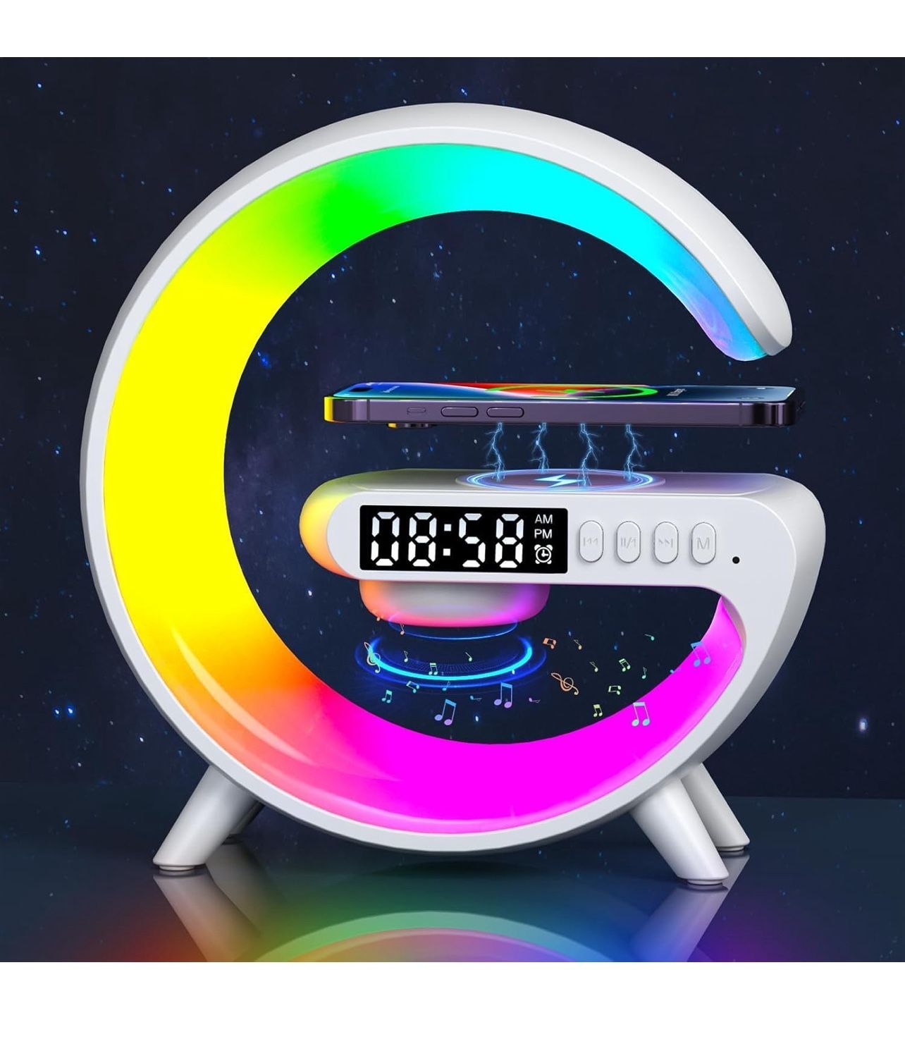  Aeehuck Mini Wireless Speaker with Atmosphere Light, Wireless Charging, Alarm Clock and Bedside Lamp (White)