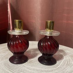 Red Glass Vintage Candlestick Pair
