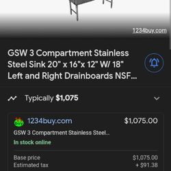 GSW  - (SEE18183D)  3 COMPARTMENT STAINLESS STEEL SINK 20" X 16" X 12" W/ 18" LEFT AND RIGHT DRAINBOARDS