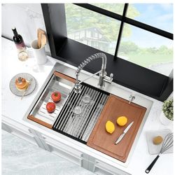 33 Inch Drop In Double Bowl Kitchen Sink Workstation -BWXIAOC 33 x 22x10 Double Bowl Drop-in 70/30 Stainless Steel 16 Gauge Topmount Kitchen Sink Basi