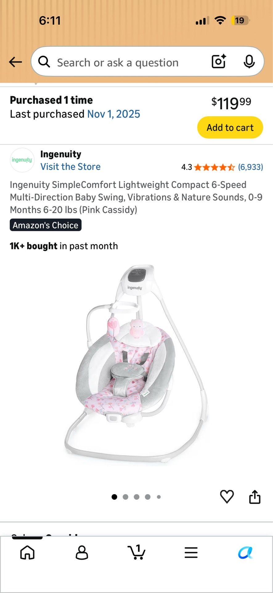 Pink baby swing