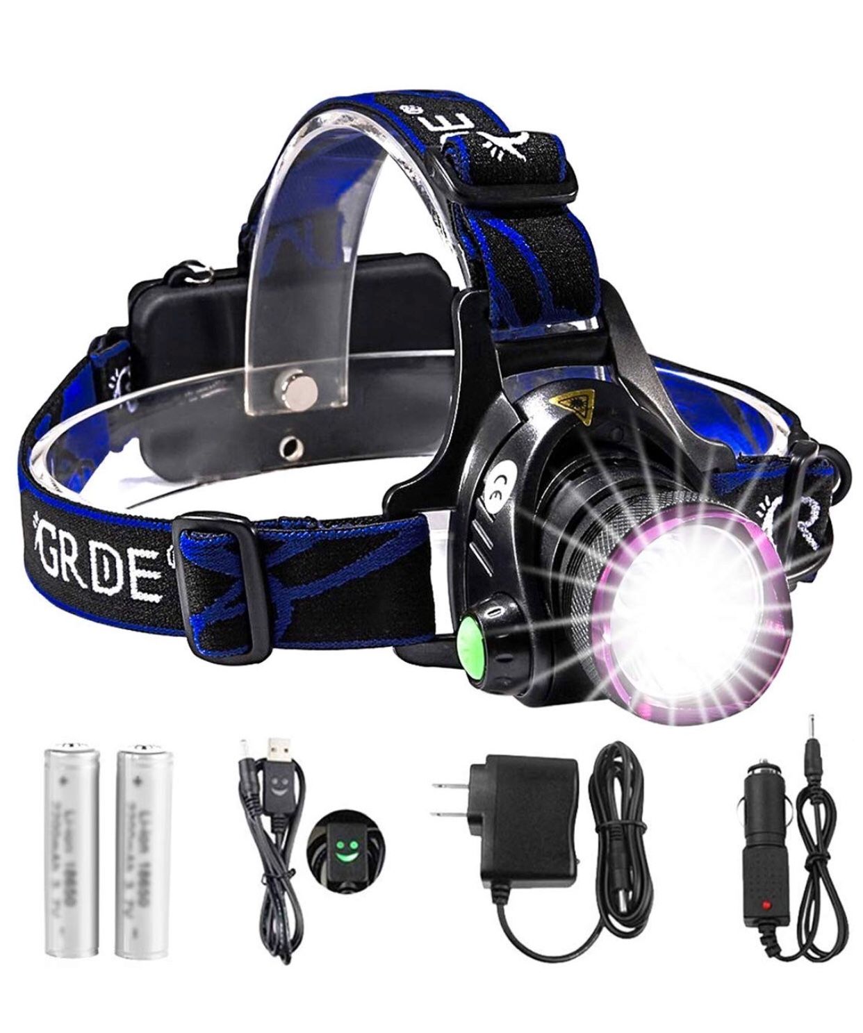 Headlamp, Zoomable Brightest High LED Work Headlight 3 Modes with Rechargeable Batteries Flashlight, USB Cable for Camping, Hiking, Outdoors (Purple)
