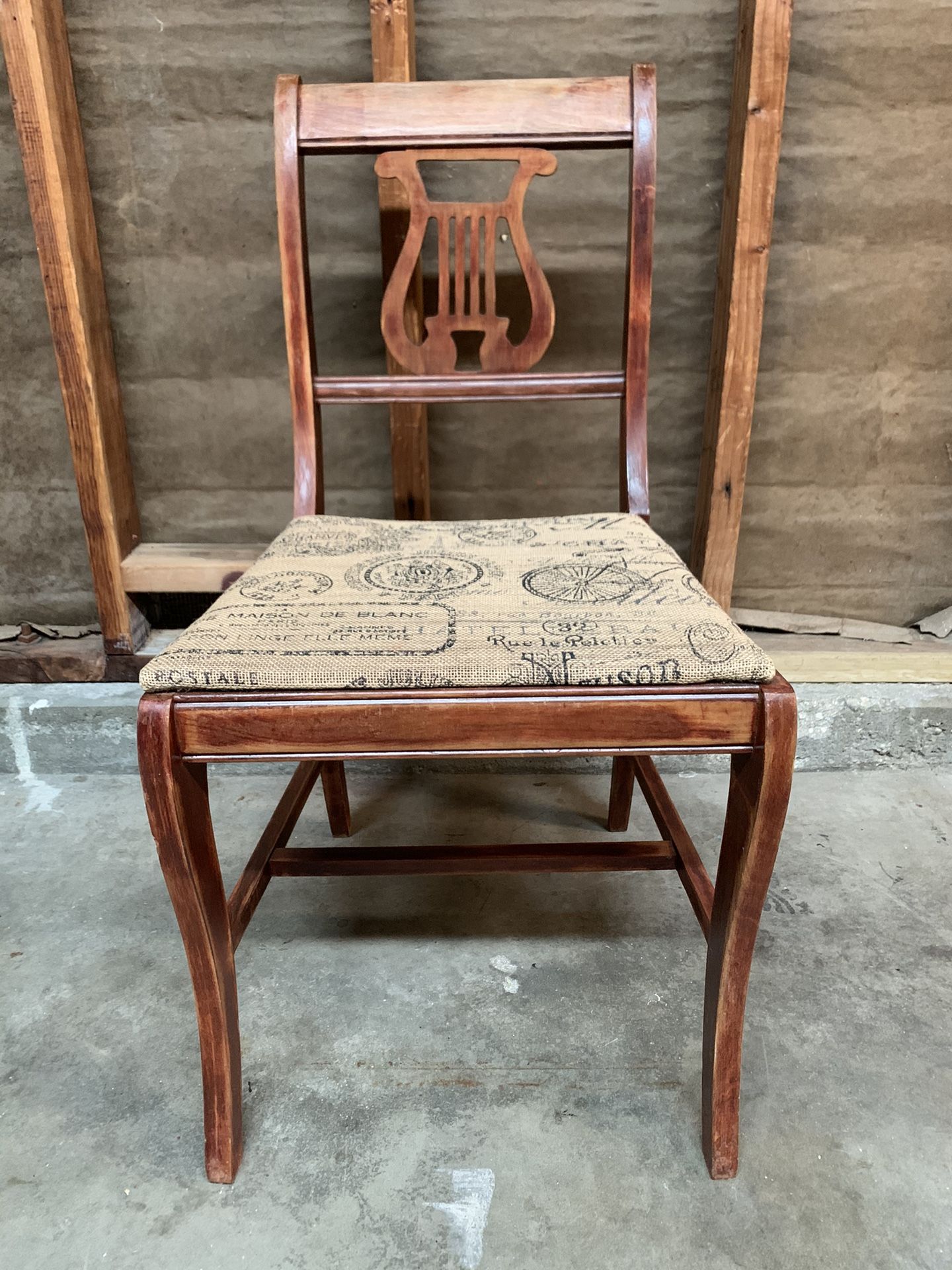 Vintage mahogany wood chair with new burlap covered seat
