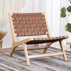 Nonfoldable Midcentury Modern Accent Chair, Woven Leather Cane Accent Chairs