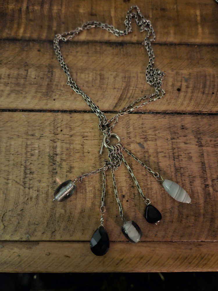 Vintage Silver Toggle Drop Necklace W/Snowflake Agate & Onyx 