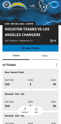 3 NFL Tickets – Texans vs Chargers 2026
