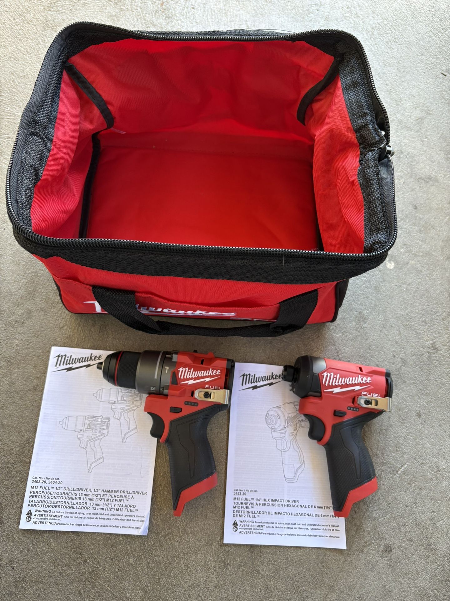 Milwaukee M-12 Fuel Hammer Drill Driver— Impact Driver 3404-20–3453-20. With Bag-