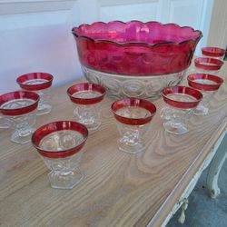 Vintage Cranberry Glass Punch Bowl Set 