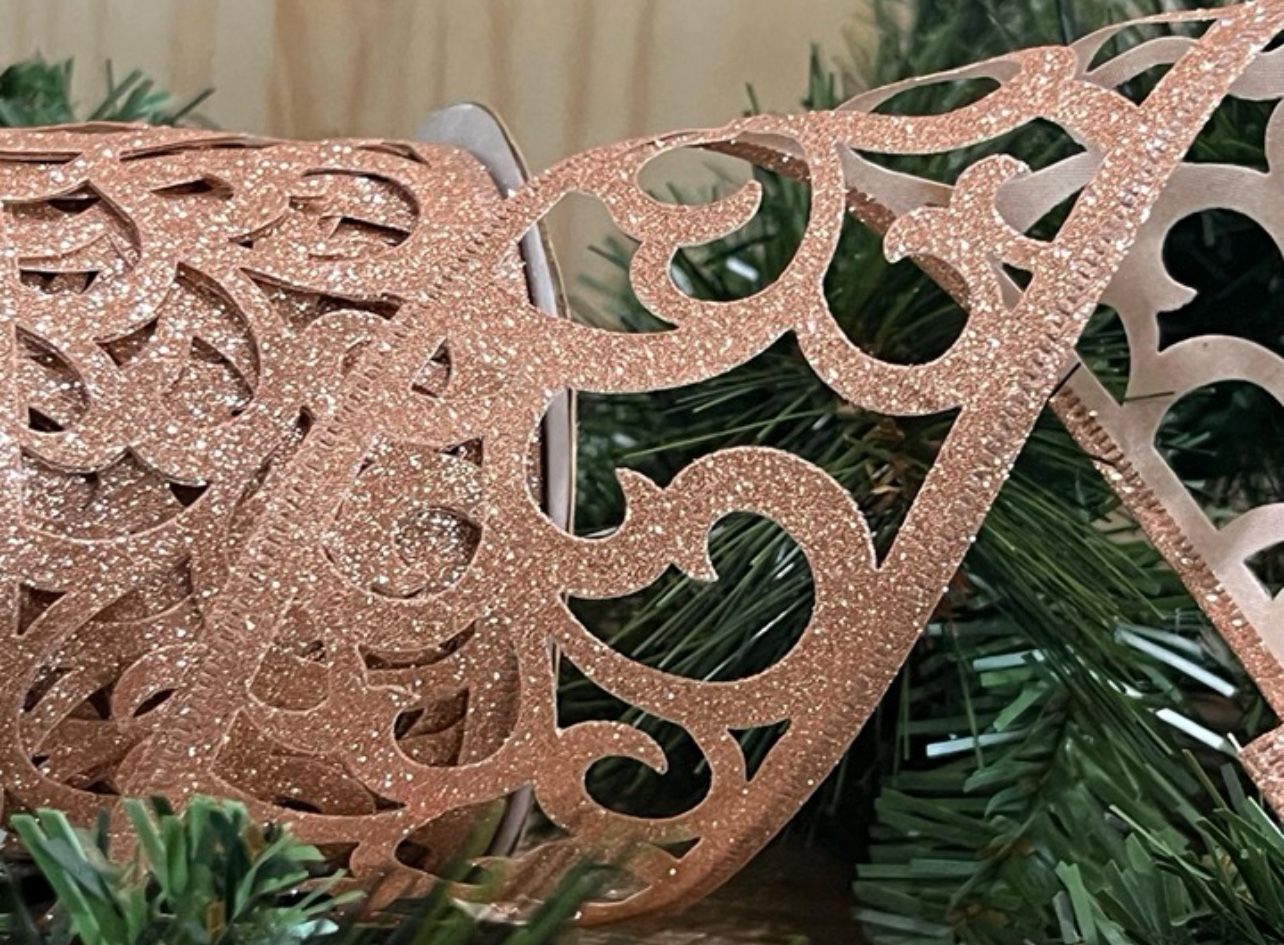 Rose Gold Metallic Swirl Cut Ribbon 2.5 inch Wired Rose Gold Glitter Cutout