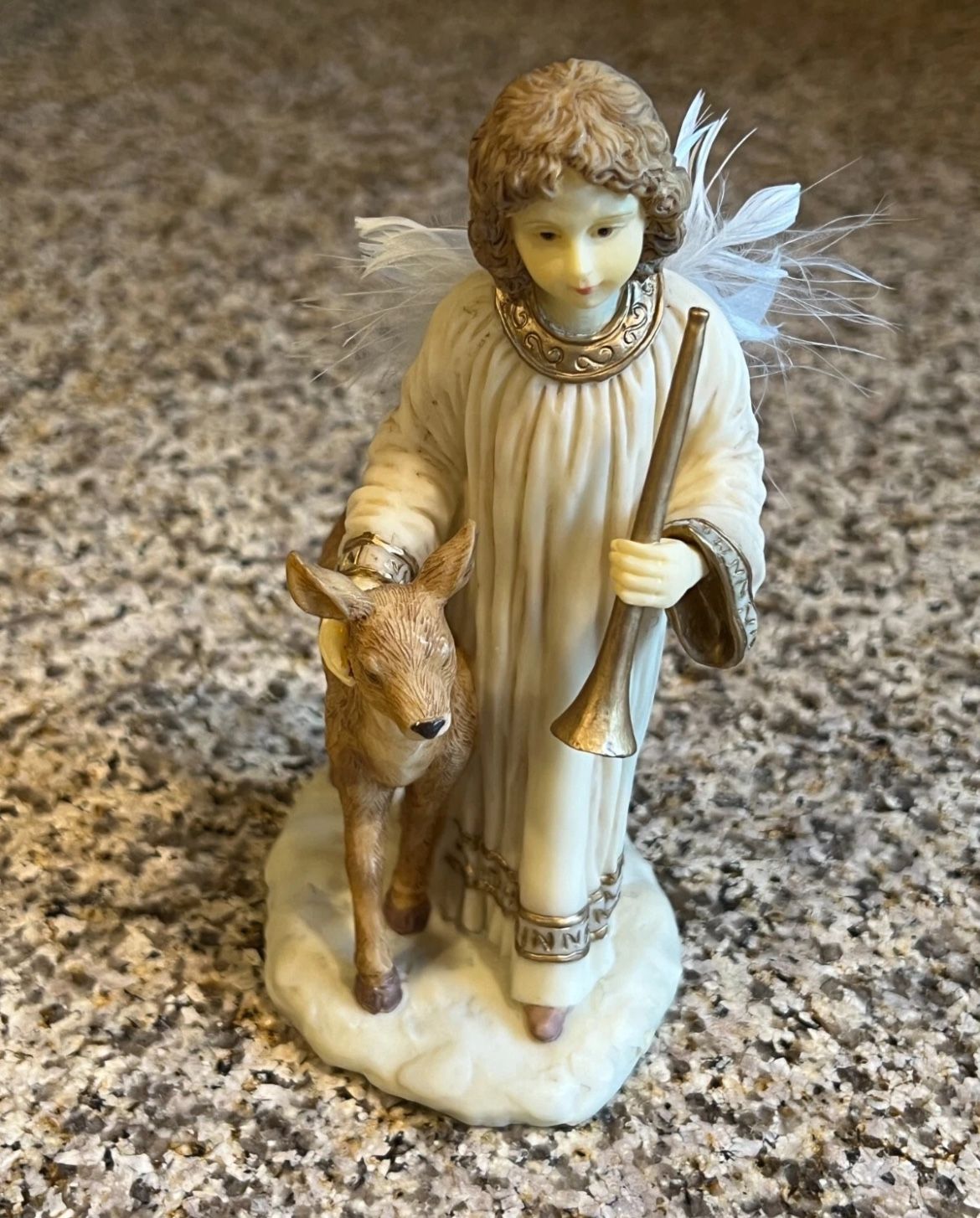 Shepherd Angel with Wings, Trumpet, Deer Resin Figurine Religious 5.5x2.5 * 1996