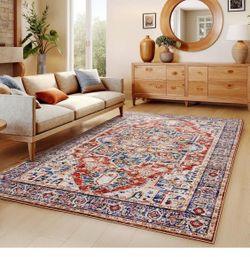 5x7 Washable Area Rug for Living Room, Red, Vintage Pattern Machine Washable, Low-Profile Pile, Soft Texture, Stain-Resistant Surface, OEKO-TEX Certif