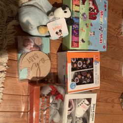 Infant Lot (musical Mat, Crib Shoes, Disney Mickey Mouse Security Blanket, Elephant Security Blanket, And Wooden Monthly Milestone