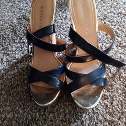 BOSTON PROPER NAVY BLUE PATENT LEATHER WEDGE ANKLE STRAP SANDLES SHOES Size 7