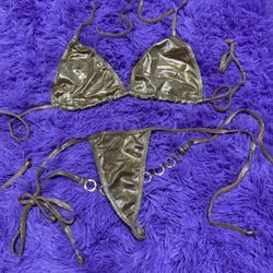 New Small gold metallic bikini y2k festival dance raver swimsuit outfit chain thong   