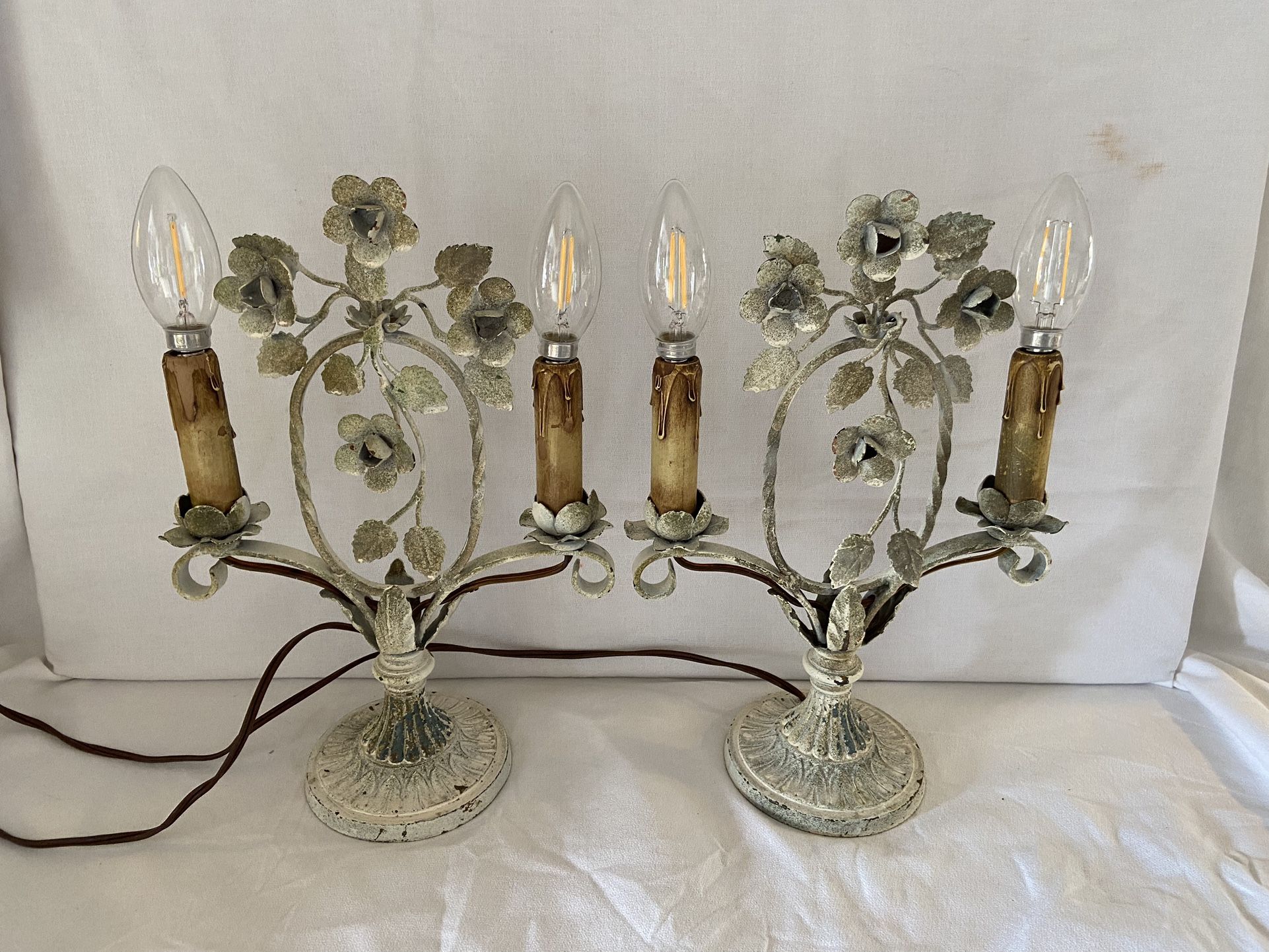 Pair Vintage Italian Tole Candelabras-Electrified-Flowers-13" Tall 8 1/2" Wide