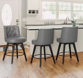 Set Of 3 Rowland 26.5 in Seat Height Dark Gray Faux Leather Counter Height Solid Wood Leg Swivel Bar stool