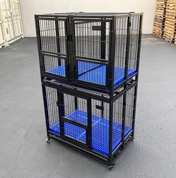 $310 (New in Box) Set of (2) stackable dog cage 37x25x64” heavy duty folding kennel w/ plastic tray