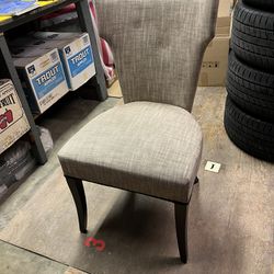 Wingback dining chairs. Taupe fabric, dark wood legs. In fair condition