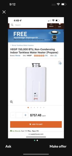 V65IP 150,000BTU, Non -condensing Indoor Tankless Water Heater (propane )