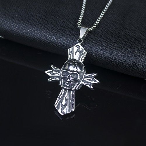 "Stainless Steel Punk Skull Cross Necklace, BL062
 
 