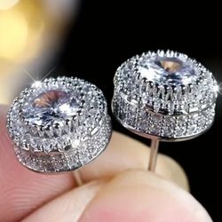 Exquisite Micro Pave 14K White Gold Plated 3D Cubic Zirconia 10mm Men Women Stud Earrings 