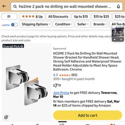 HO2ME 2 Pack No Drilling On Wall Mounted Shower Bracket for Handheld Shower Head, Strong Self Adhesive and Waterproof Shower Head Holder Adjustable to