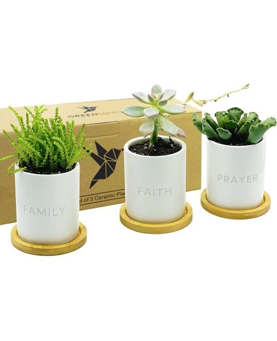 Family Faith Prayer Ceramic Pots - 3.5 inch White Mini Succulent Cactus Planter Pot w/ Bamboo Tray & Drainage Hole - GreenMind Design Laser Engraved S