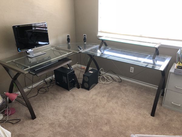 Sharper Image Office Computer Desk Glass Wood Office Chair
