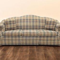 Vintage Flexsteel Plaid 3-Seat Couch w/ Scroll Rolled Armrests