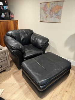 2 Black Leather Chairs and ottomans