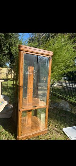 Lighted corner curio cabinet with shelves