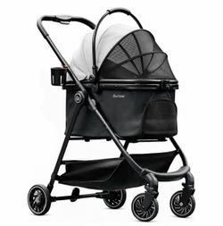 Pet Stroller for Small Dogs and Cats, One-Click Foldable Dog Stroller with Detachable Carrier & 3 Safety Tethers, Holds up to 33 lbs, Storage Basket &