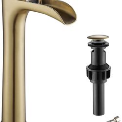 YUNDOOM - Grifo de fregadero, cromado, de un solo agujero, de una sola manija, alto para lavabo de baño, cascada, con desagüe emergente