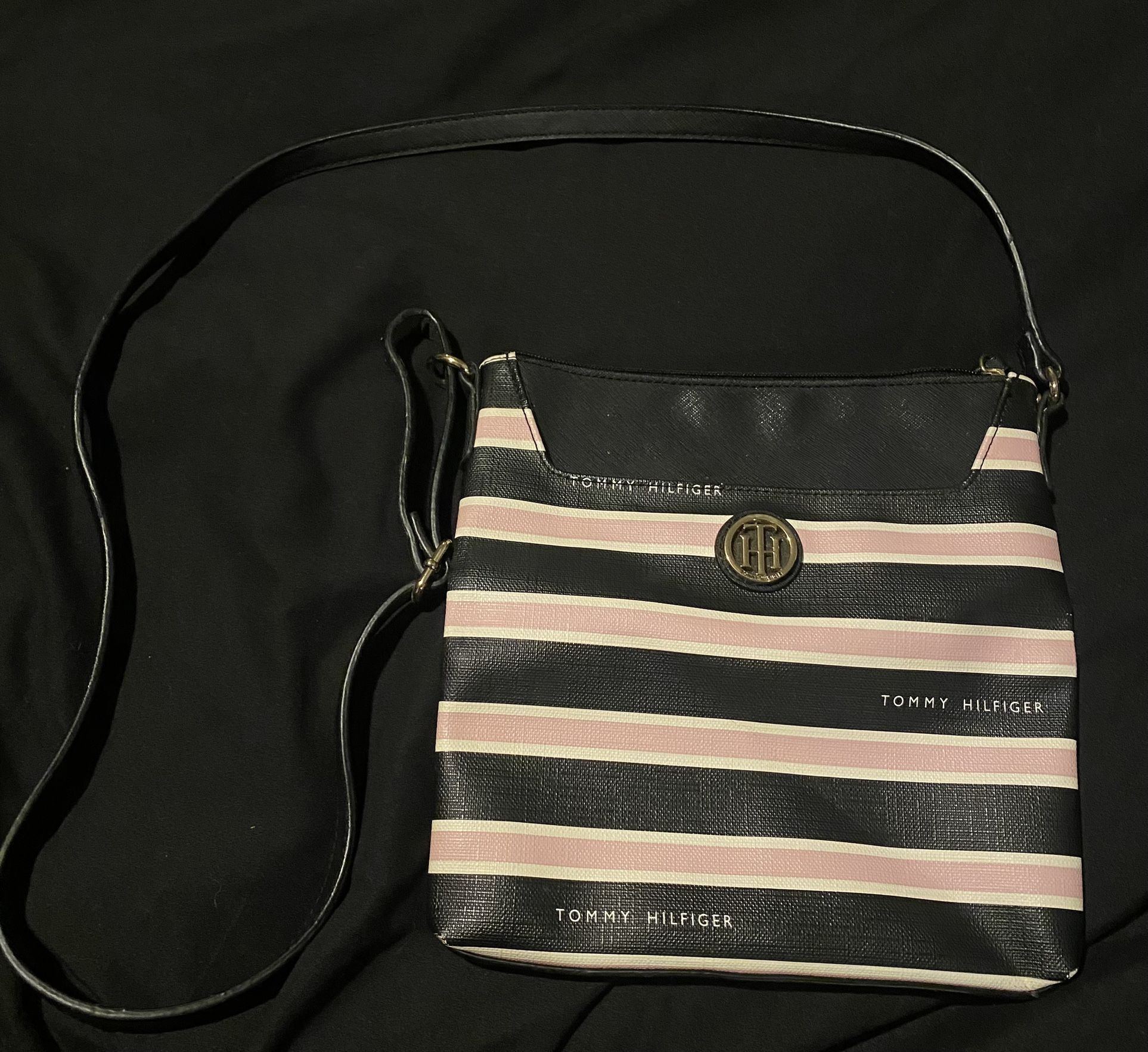 Tommy Hilfiger Crossbody Purse Pink & Black/Striped - Gold Metal