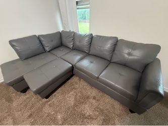Gray Faux Leather Sectional Sofa with Ottoman