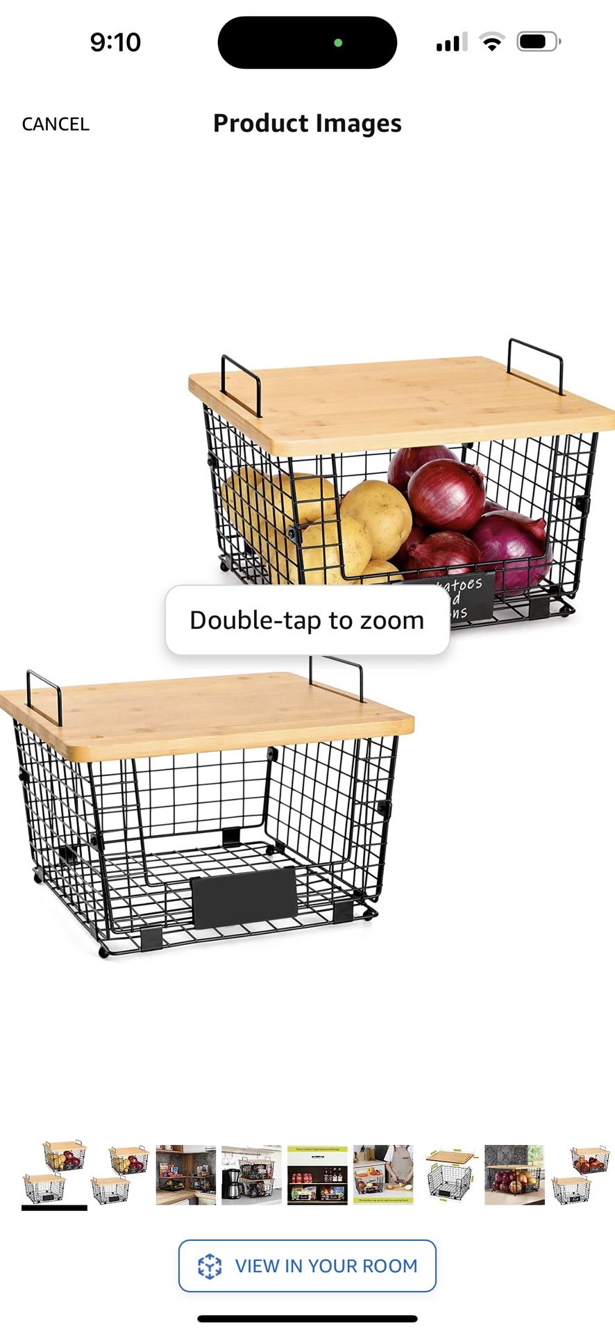 2 Set Stackable Kitchen Counter Basket with Bamboo Top - Pantry Organization and Storage Wire Organizing Basket - Cabinet Countertop Organizer Bins fo