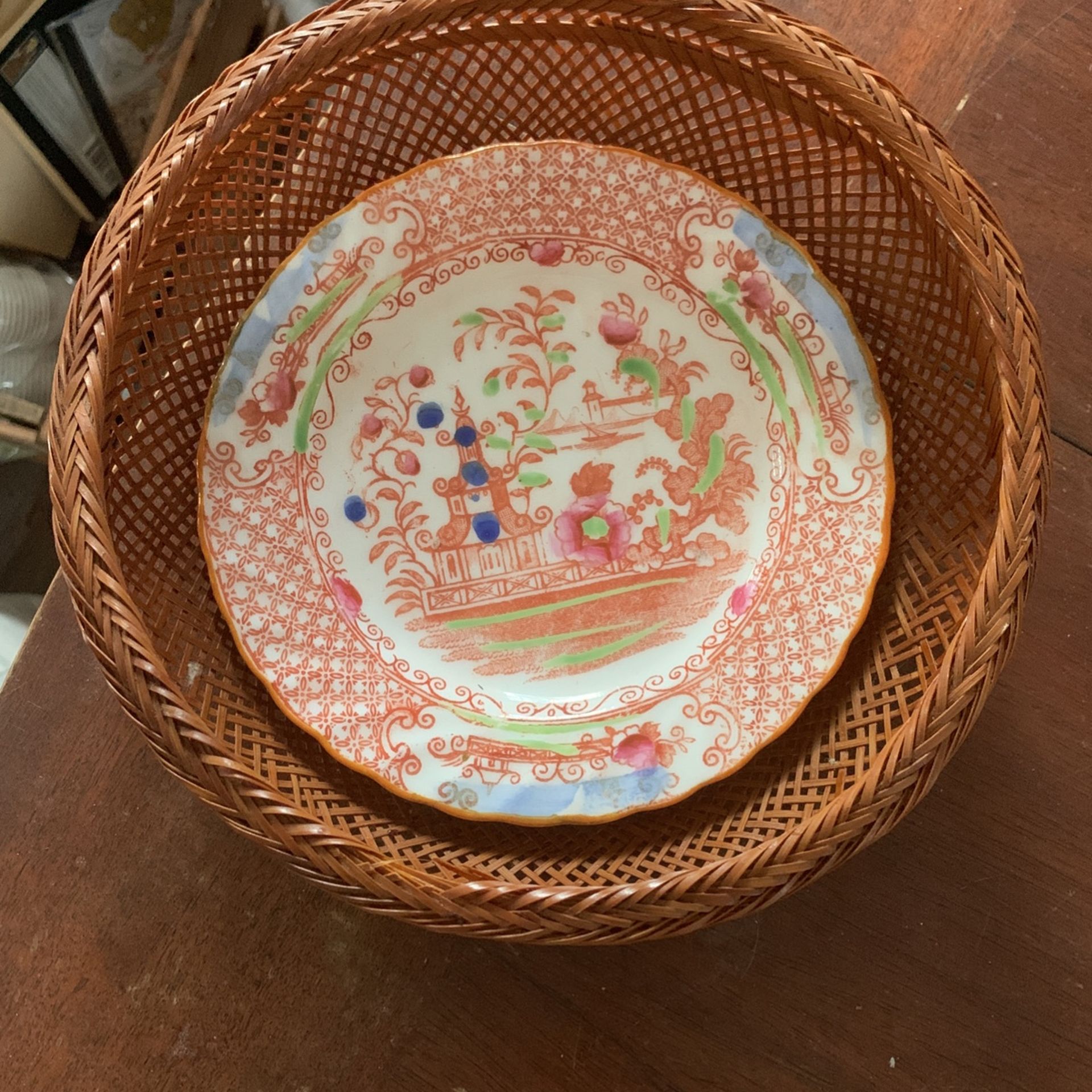 Set Of Vintage Bamboo Woven Basket & Toile Chinoiserie Plate