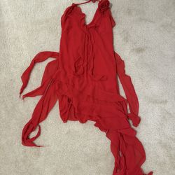 Red Halter Mini Dress Ruffle Asymmetrical Sheer Beach Party Dress S