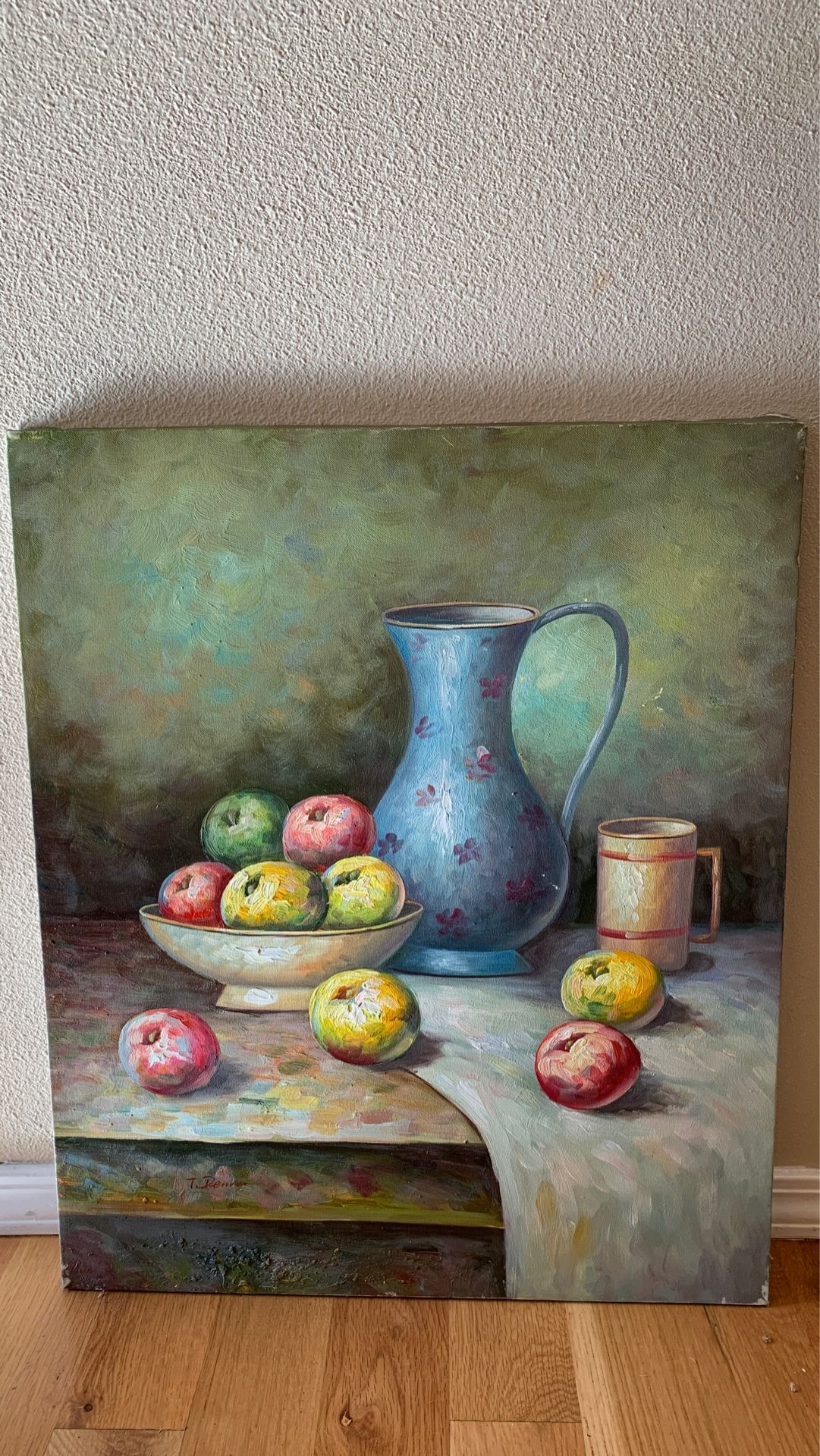 Blue pitcher with apples painting