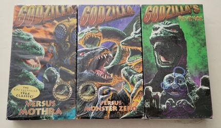 Godzilla versus Mothra, versus Monster Zero & Revenge VHS Movies (1964, 1966, 1969, Simitar) All with Bonus Features and Original Wrapping! Very Good 