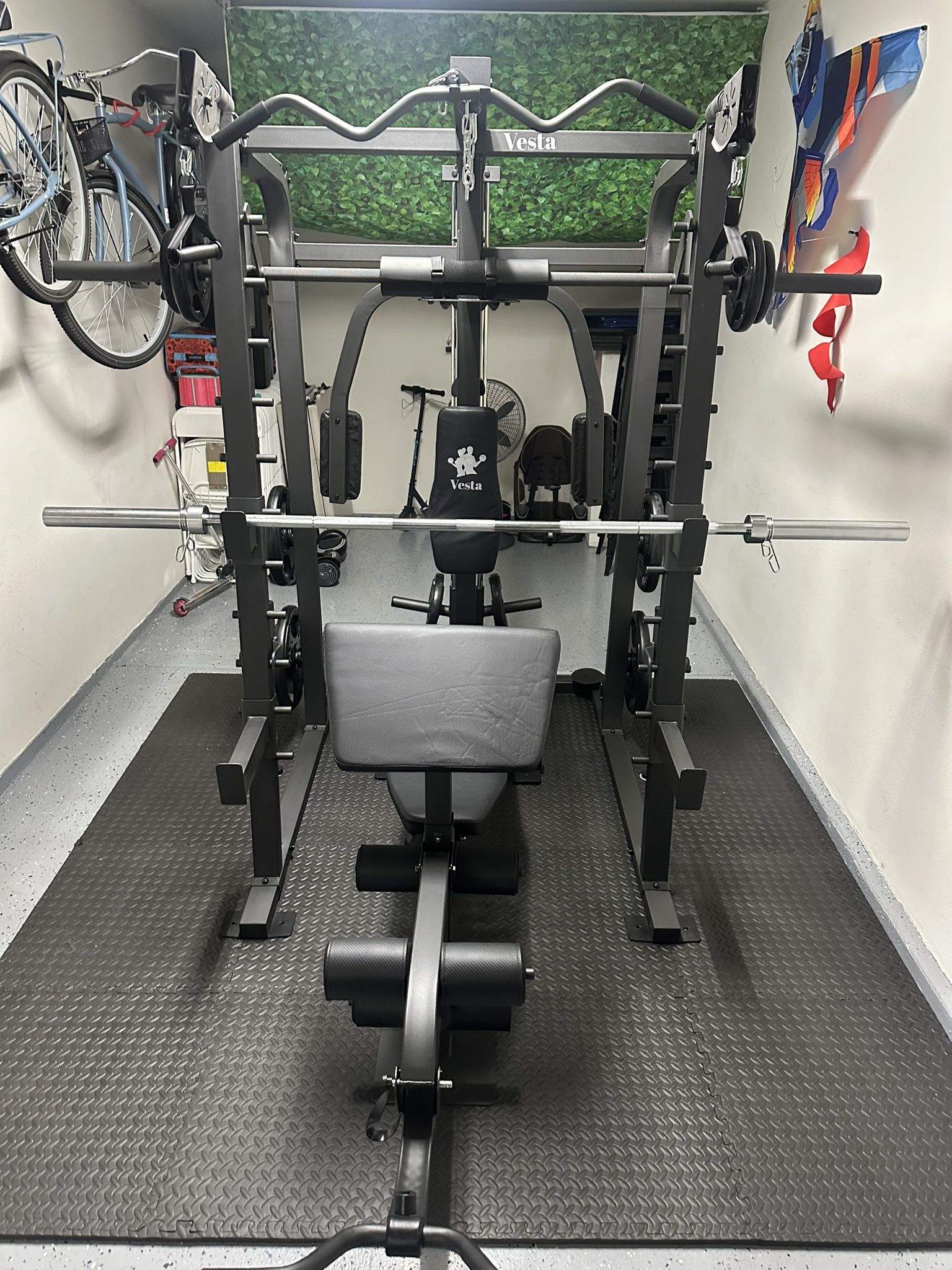 Vesta Fitness Smith Machine 2001 w/Bench Attachment | 230lb Bumpers Weights | 7ft Olympic Bar | Fitness | Gym Equipment | FREE DELIVERY🚚