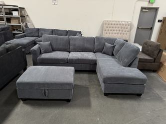 New 106” Plush Sectional Sofa With USB Charger,Cordoroy Couch, Grey Sofa, Grey Sectional, Grey Couch, Light Grey Sofa Couch And Storage Ottoman, Couch