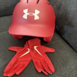 Matte Red Under Armour Baseball Helmet and Nike Gloves