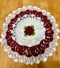 Handmade Turkish Crochet Doily / Table Topper (13”) Burgundy Rose