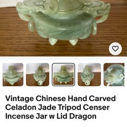Vintage Chinese Hand Carved Celadon Jade Tripod Censer Incense Jar w Lid Dragon